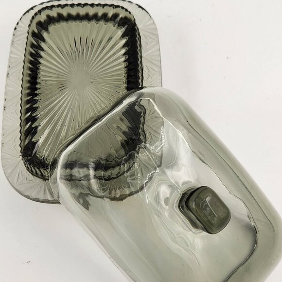 Vtg Smoky Quartz Glass Oversized Butter Cheese Dish Covered Lid Cut Design - Picture 2 of 9